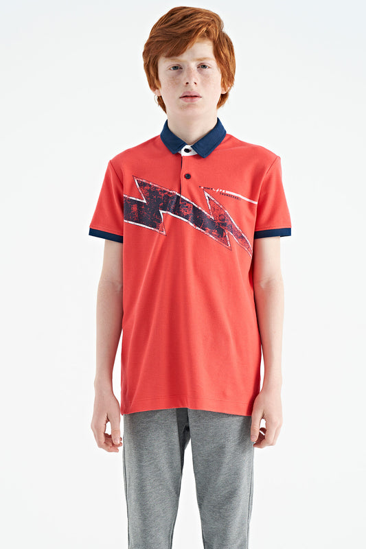 Coral Print Detailed Standard Mold Polo Collar Boys T-Shirt - 11154