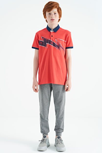 Coral Print Detailed Standard Mold Polo Collar Boys T-Shirt - 11154