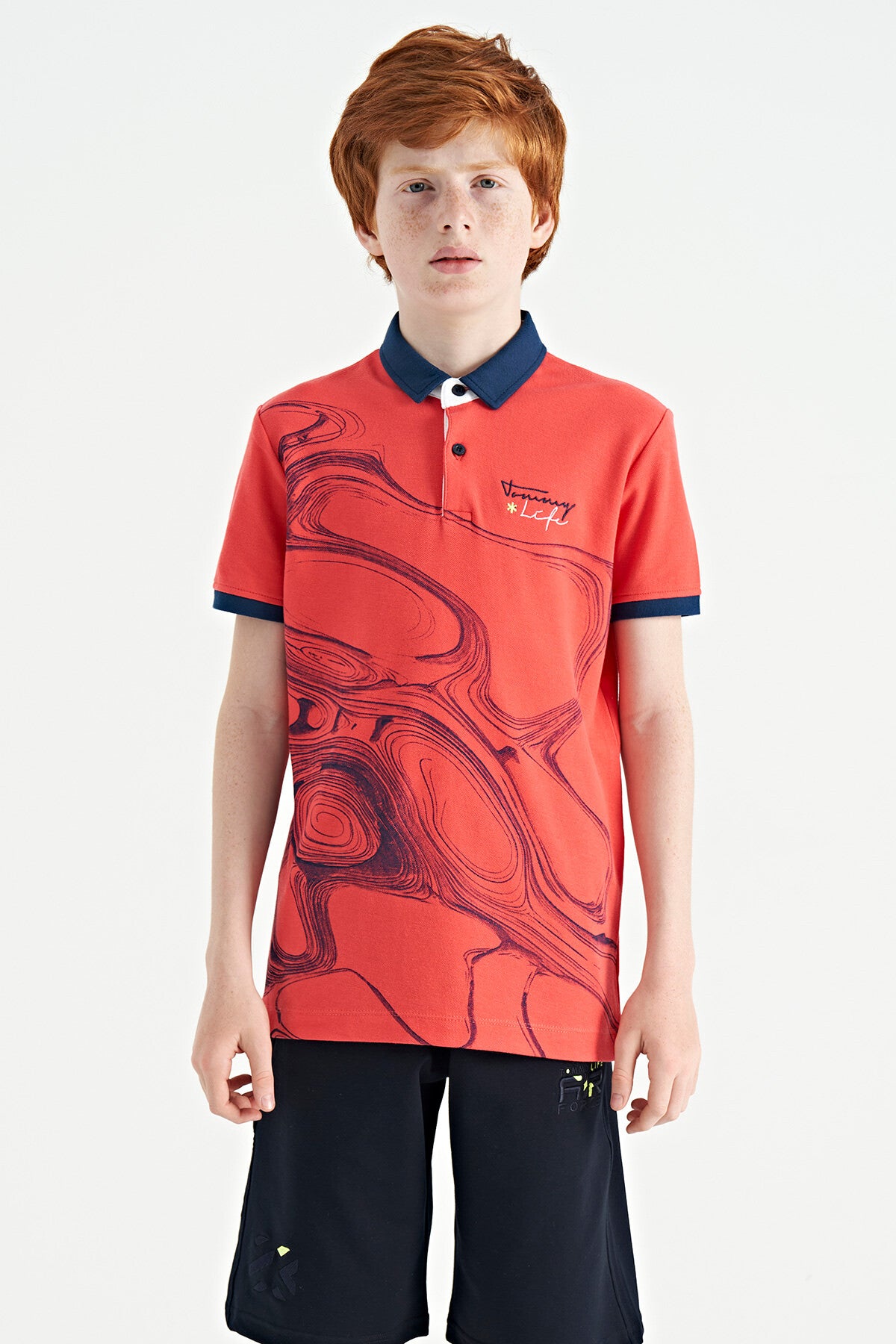 Coral Print Detailed Standard Mold Polo Collar Boys T-Shirt - 11165