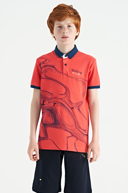 Coral Print Detailed Standard Mold Polo Collar Boys T-Shirt - 11165