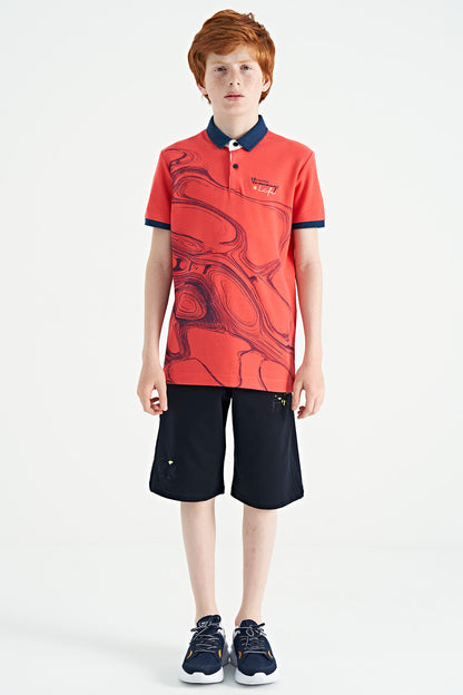Coral Print Detailed Standard Mold Polo Collar Boys T-Shirt - 11165