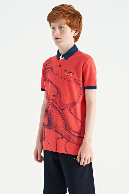 Coral Print Detailed Standard Mold Polo Collar Boys T-Shirt - 11165