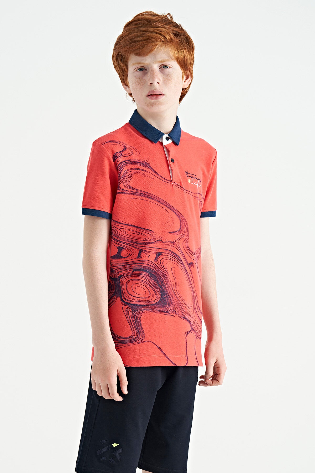 Coral Print Detailed Standard Mold Polo Collar Boys T-Shirt - 11165