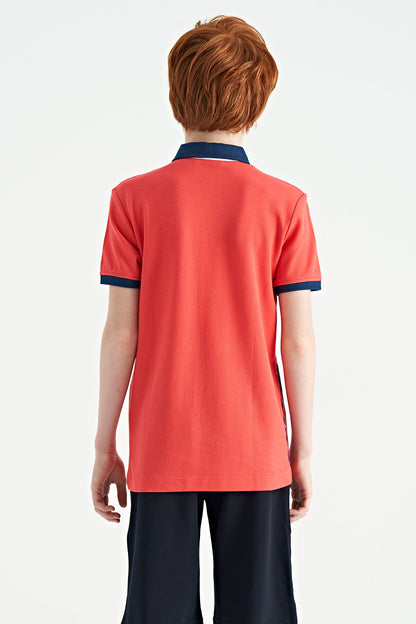 Coral Print Detailed Standard Mold Polo Collar Boys T-Shirt - 11165