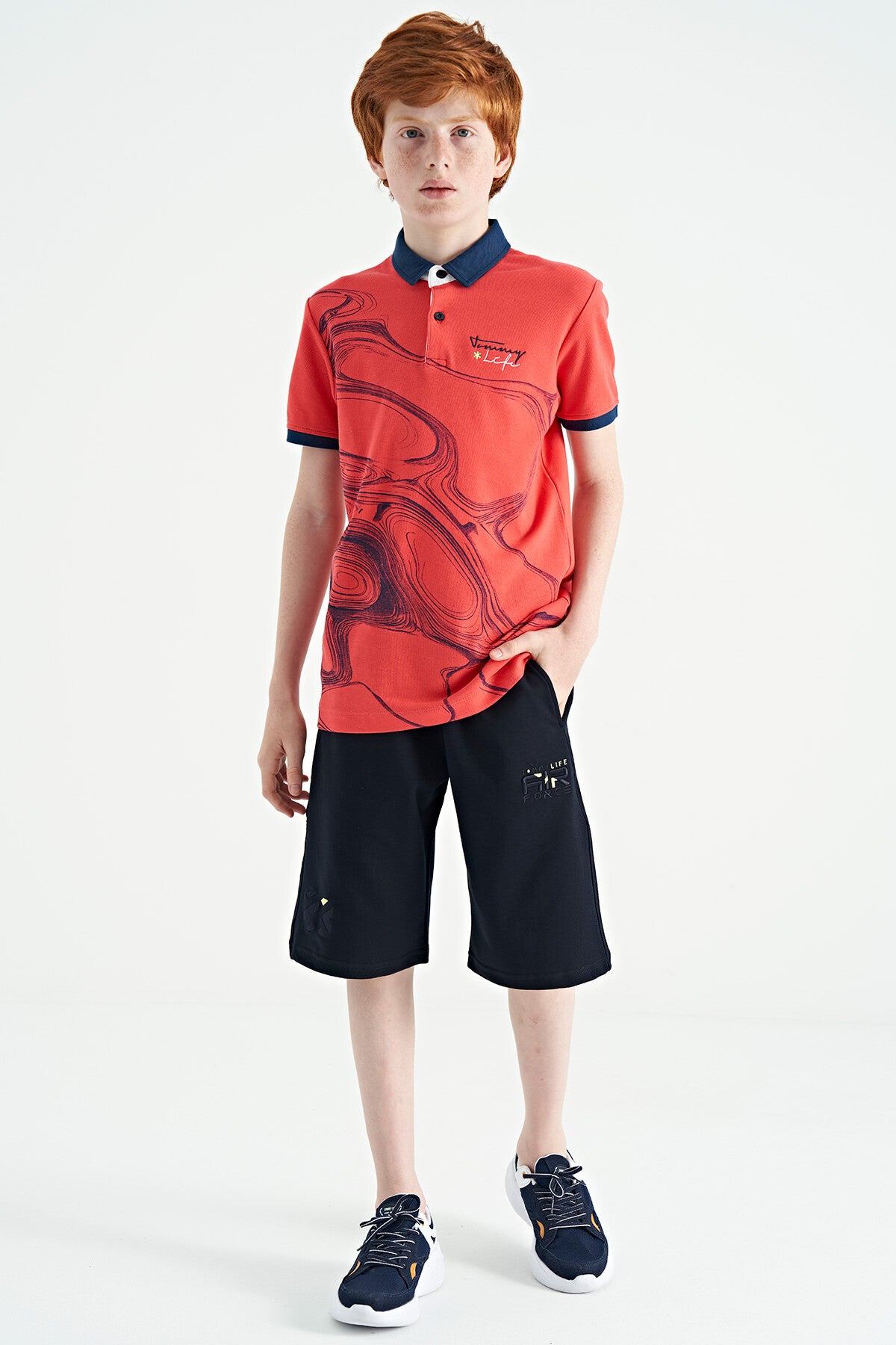 Coral Print Detailed Standard Mold Polo Collar Boys T-Shirt - 11165