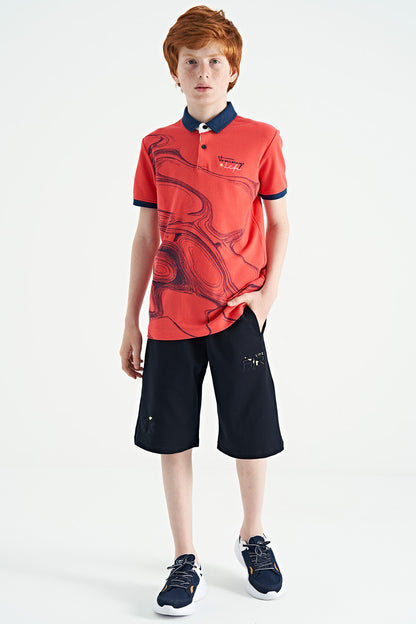 Coral Print Detailed Standard Mold Polo Collar Boys T-Shirt - 11165