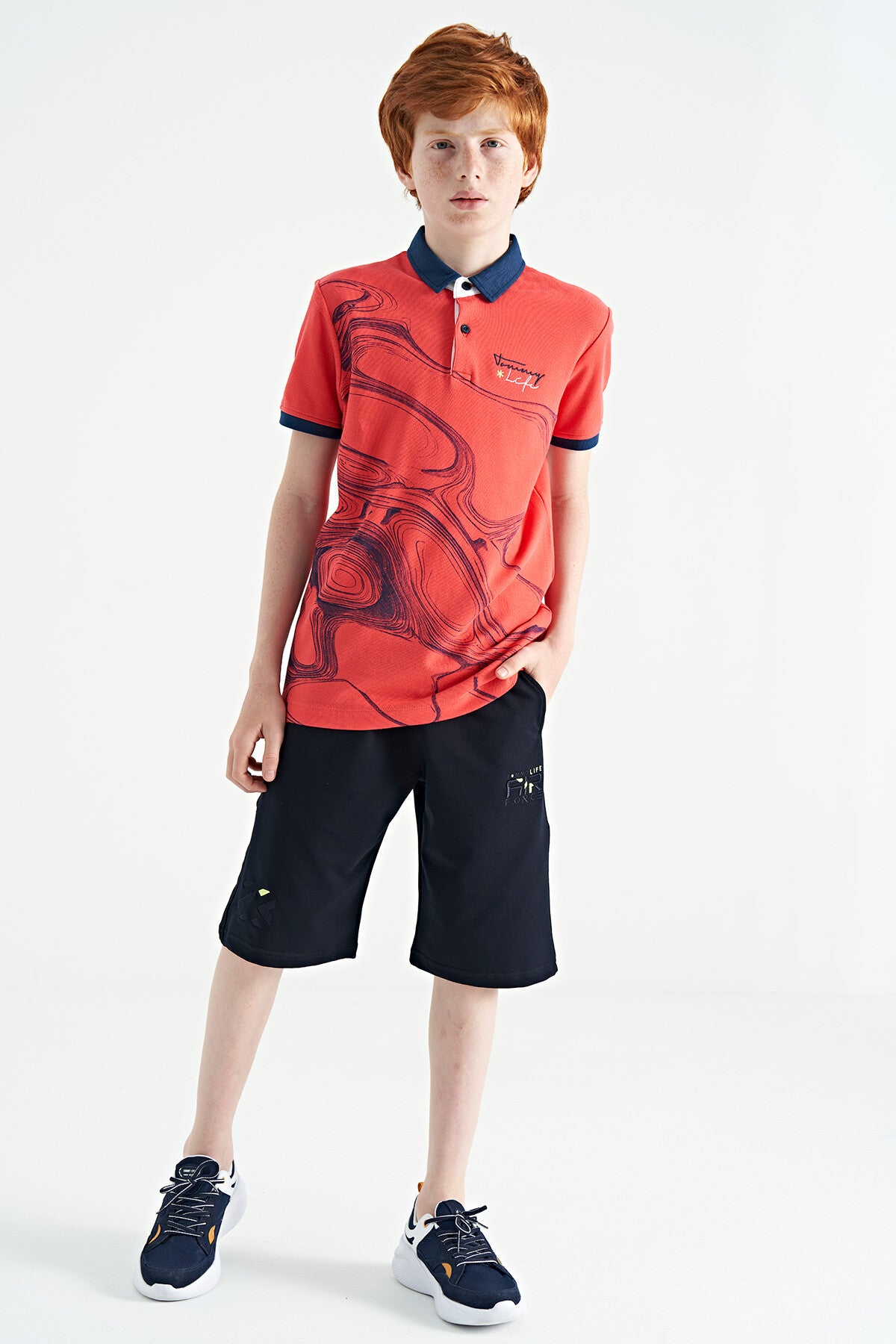 Coral Print Detailed Standard Mold Polo Collar Boys T-Shirt - 11165