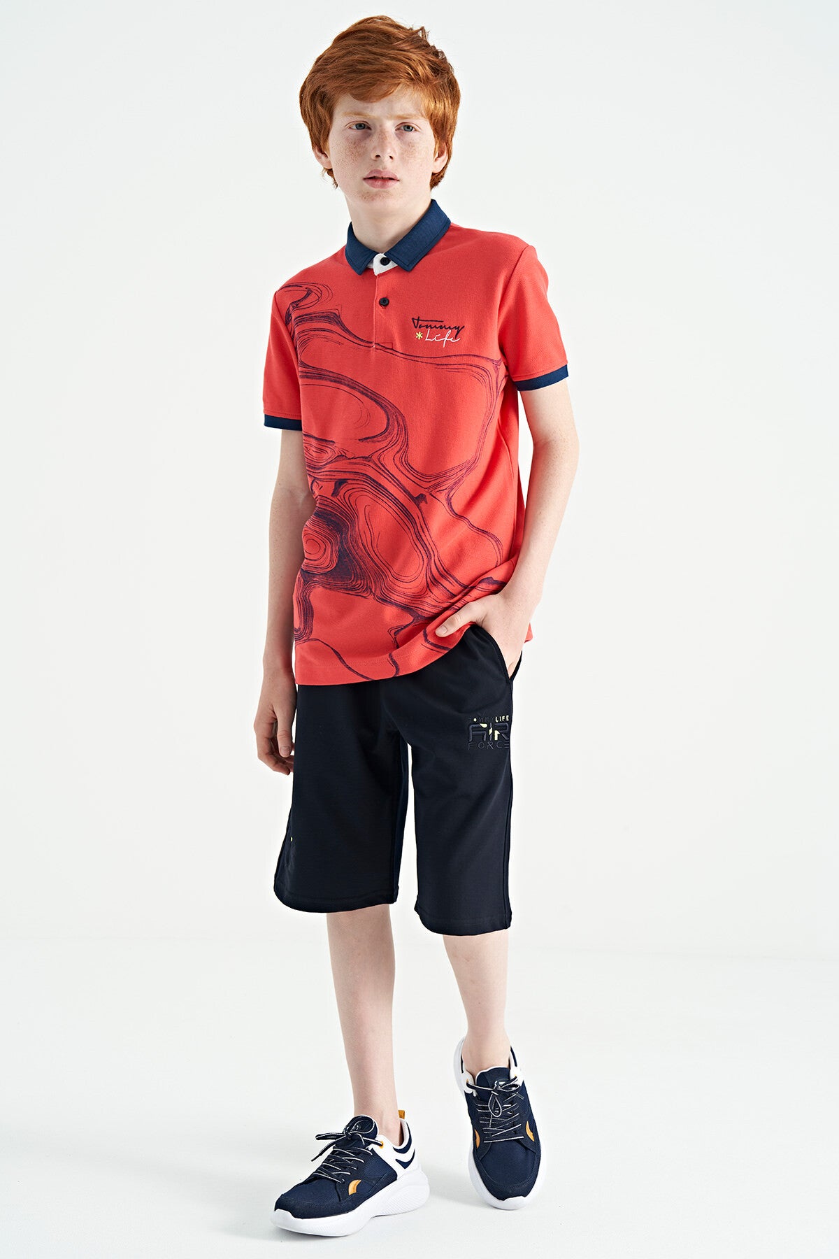 Coral Print Detailed Standard Mold Polo Collar Boys T-Shirt - 11165