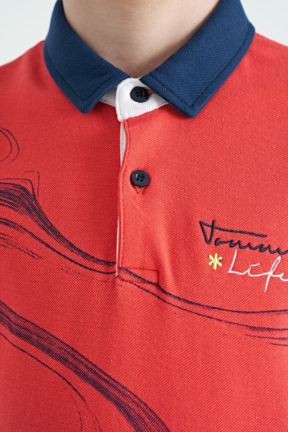 Coral Print Detailed Standard Mold Polo Collar Boys T-Shirt - 11165