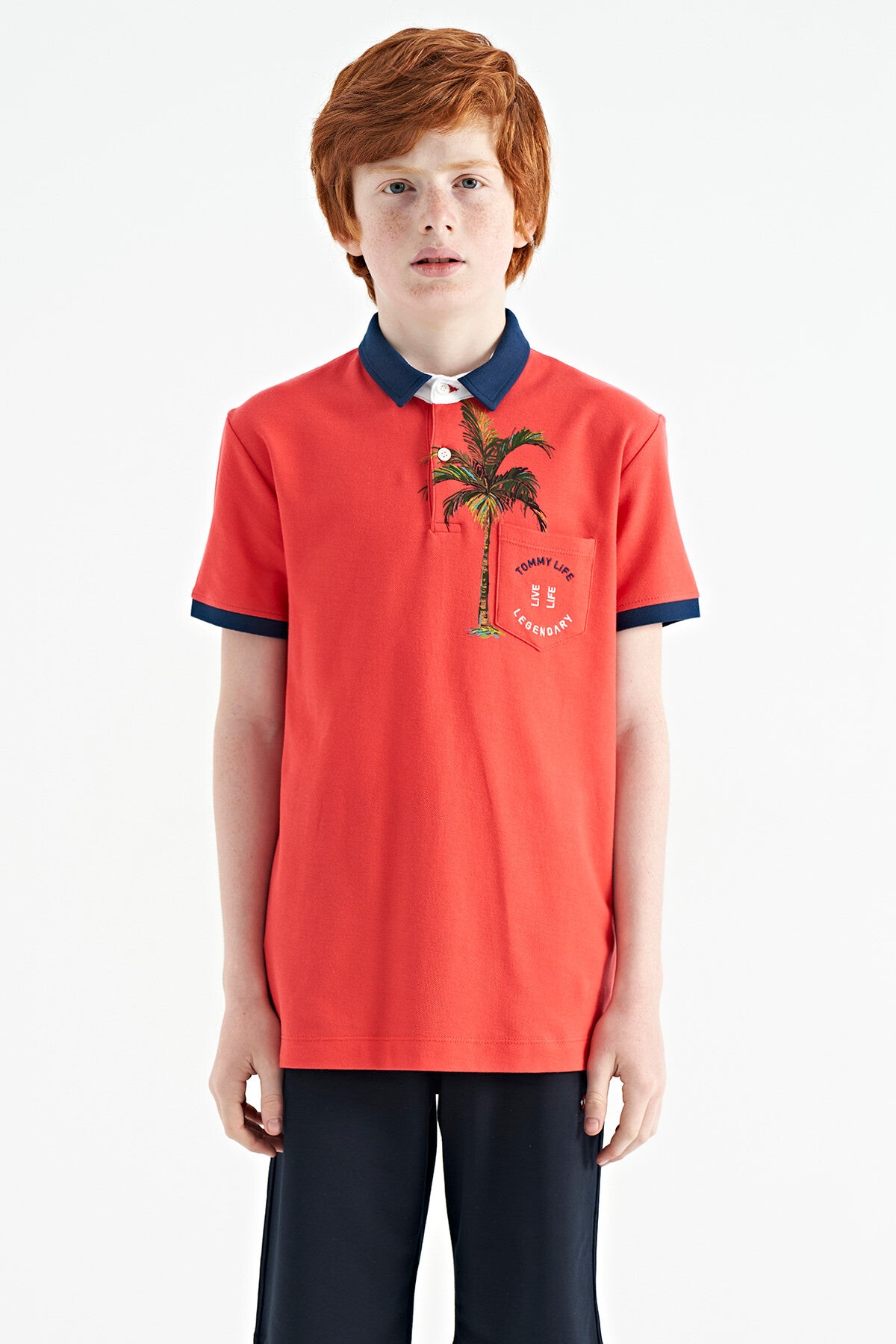 Coral Print Pocket Detailed Standard Mold Polo Collar Boys' T-Shirt - 11144