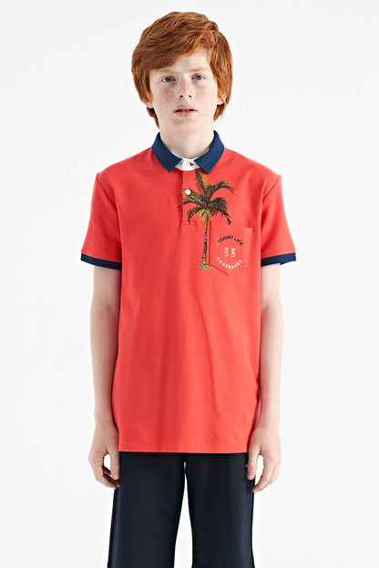 Coral Print Pocket Detailed Standard Mold Polo Collar Boys' T-Shirt - 11144