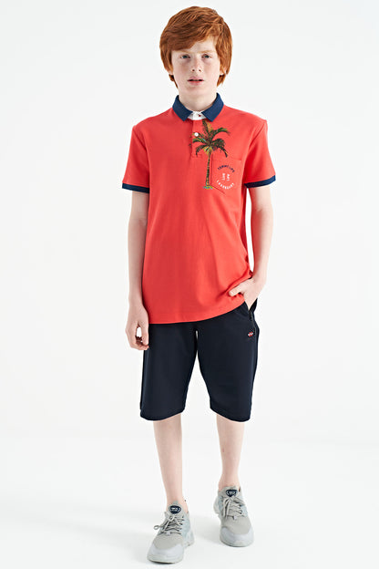 Coral Print Pocket Detailed Standard Mold Polo Collar Boys' T-Shirt - 11144