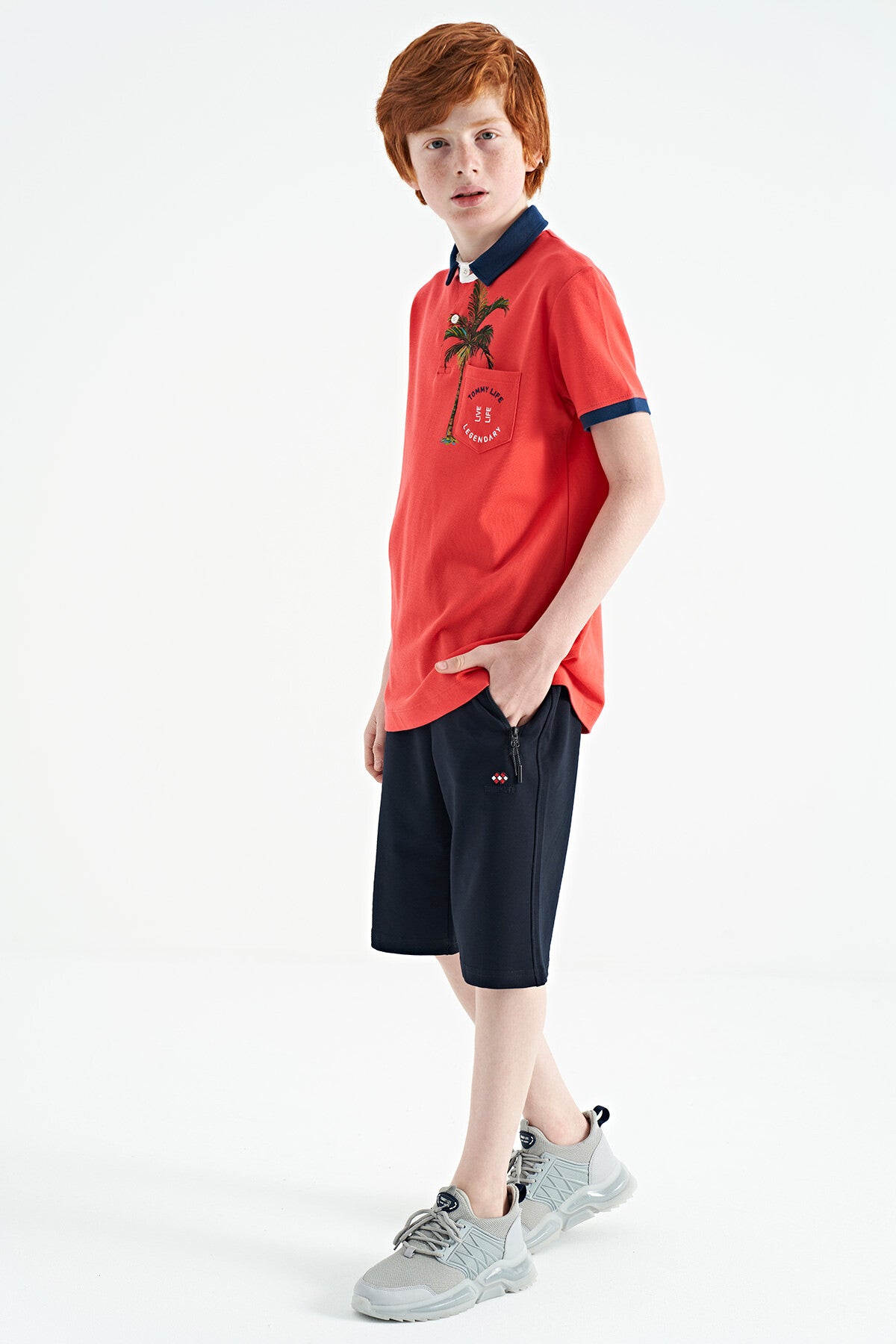 Coral Print Pocket Detailed Standard Mold Polo Collar Boys' T-Shirt - 11144