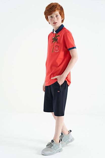 Coral Print Pocket Detailed Standard Mold Polo Collar Boys' T-Shirt - 11144