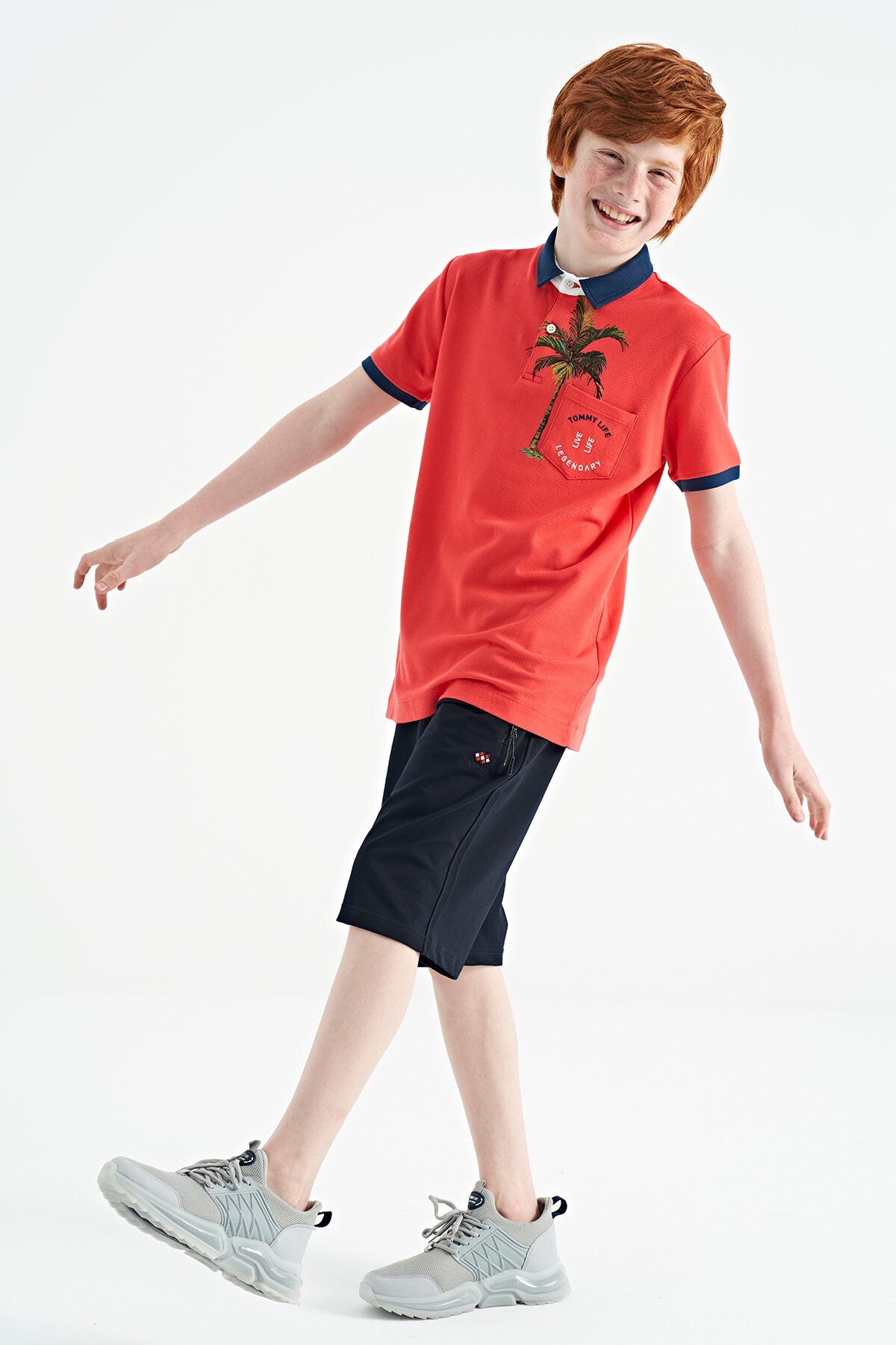 Coral Print Pocket Detailed Standard Mold Polo Collar Boys' T-Shirt - 11144