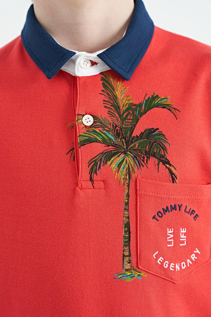 Coral Print Pocket Detailed Standard Mold Polo Collar Boys' T-Shirt - 11144