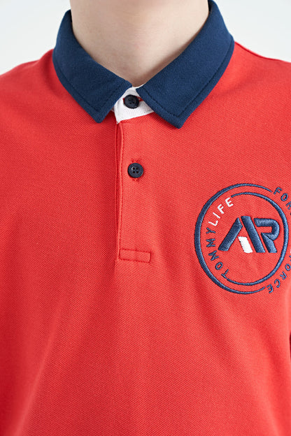 Coral Neck Edge Colorful Logo Embroidered Standard Fit Polo Collar Boys T-Shirt - 11138