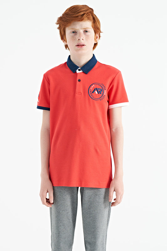 Coral Neck Edge Colorful Logo Embroidered Standard Fit Polo Collar Boys T-Shirt - 11138