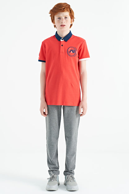 Coral Neck Edge Colorful Logo Embroidered Standard Fit Polo Collar Boys T-Shirt - 11138