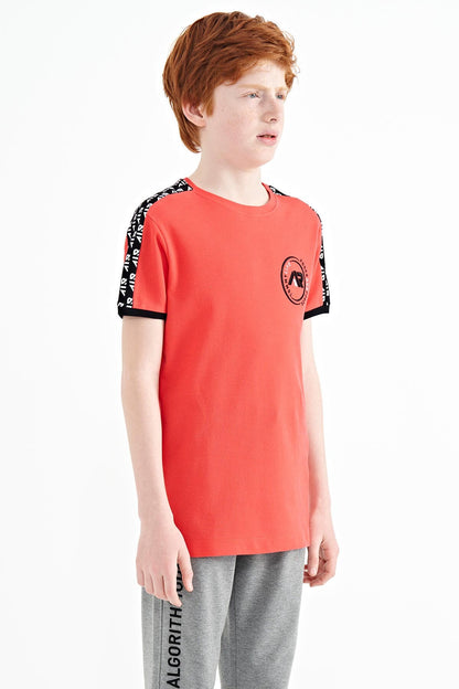 Coral Shoulder Print Detailed Standard Mold O Collar Boys T-Shirt - 11121
