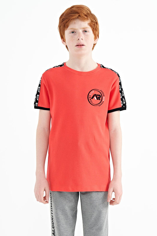Coral Shoulder Print Detailed Standard Mold O Collar Boys T-Shirt - 11121