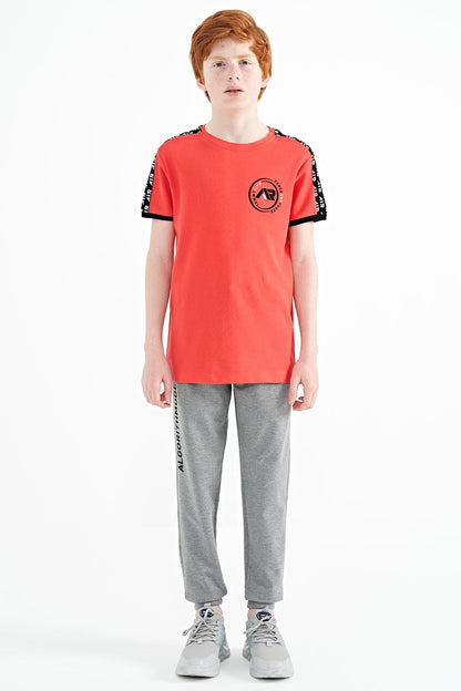 Coral Shoulder Print Detailed Standard Mold O Collar Boys T-Shirt - 11121