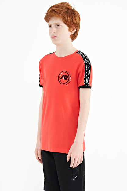 Coral Shoulder Print Detailed Standard Mold O Collar Boys T-Shirt - 11121