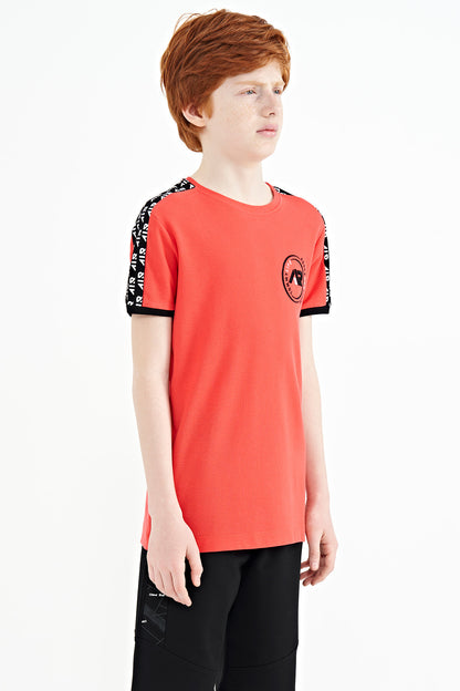 Coral Shoulder Print Detailed Standard Mold O Collar Boys T-Shirt - 11121