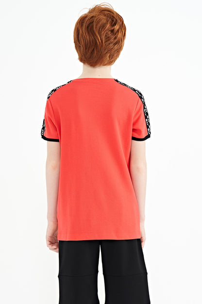 Coral Shoulder Print Detailed Standard Mold O Collar Boys T-Shirt - 11121