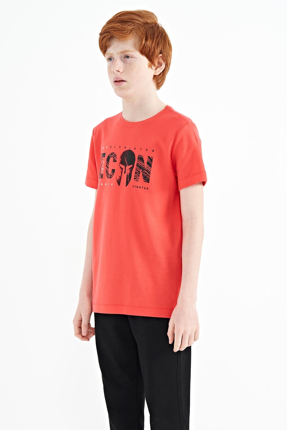 Coral Front Print Embroidered O Collar Standard Cut Boys' T-Shirt - 11118