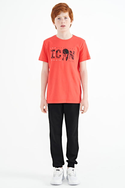 Coral Front Print Embroidered O Collar Standard Cut Boys' T-Shirt - 11118