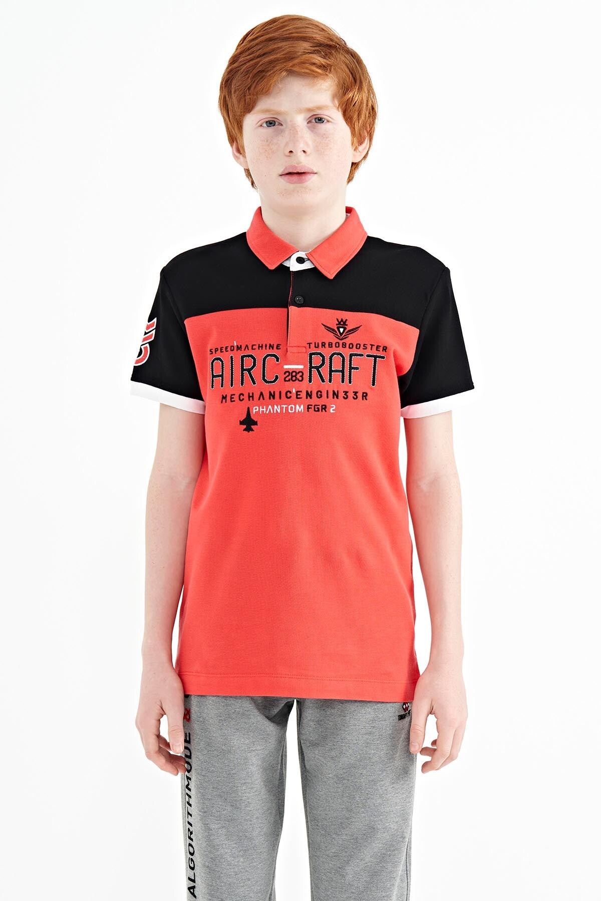Coral Color Block Letter Embroidered Standard Fit Polo Collar Boys T-Shirt - 11087