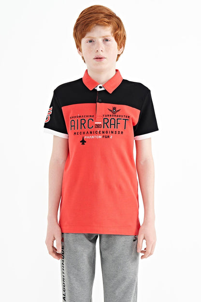 Coral Color Block Letter Embroidered Standard Fit Polo Collar Boys T-Shirt - 11087
