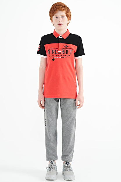 Coral Color Block Letter Embroidered Standard Fit Polo Collar Boys T-Shirt - 11087