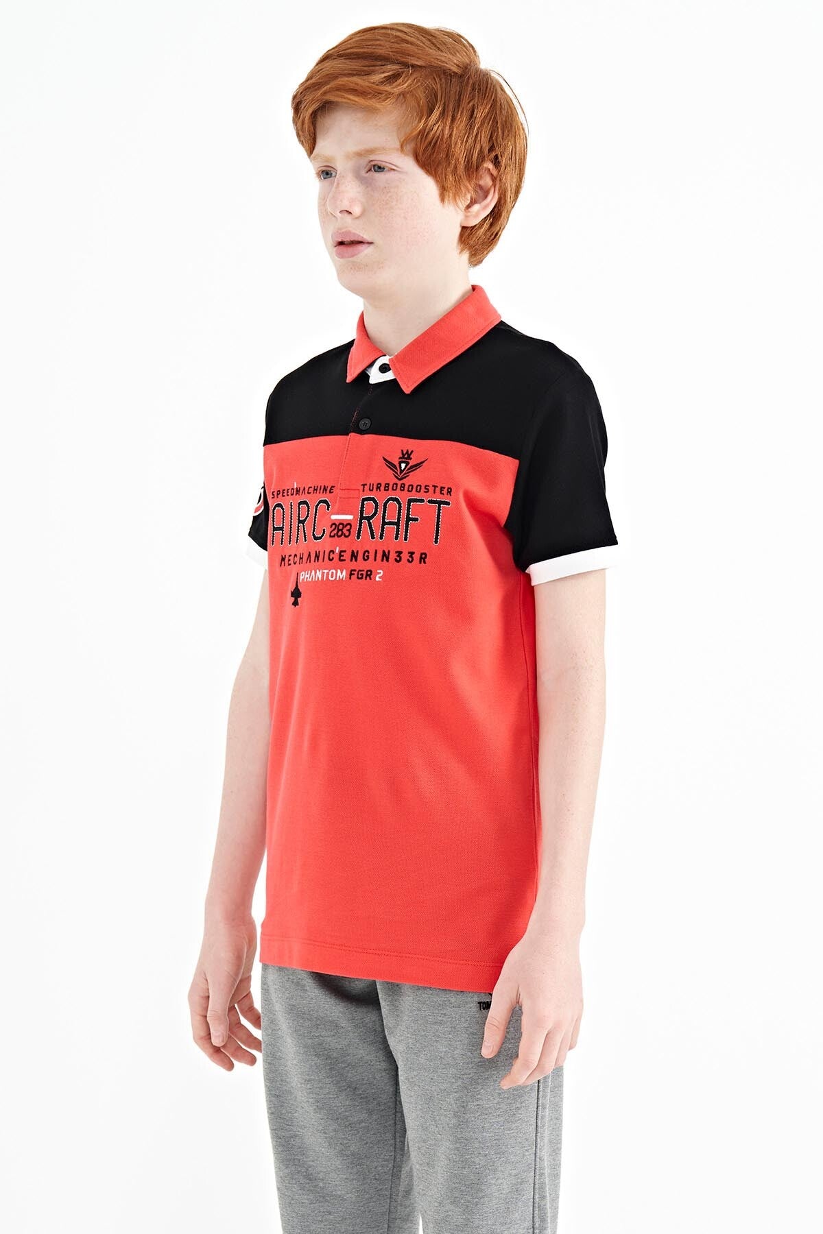 Coral Color Block Letter Embroidered Standard Fit Polo Collar Boys T-Shirt - 11087