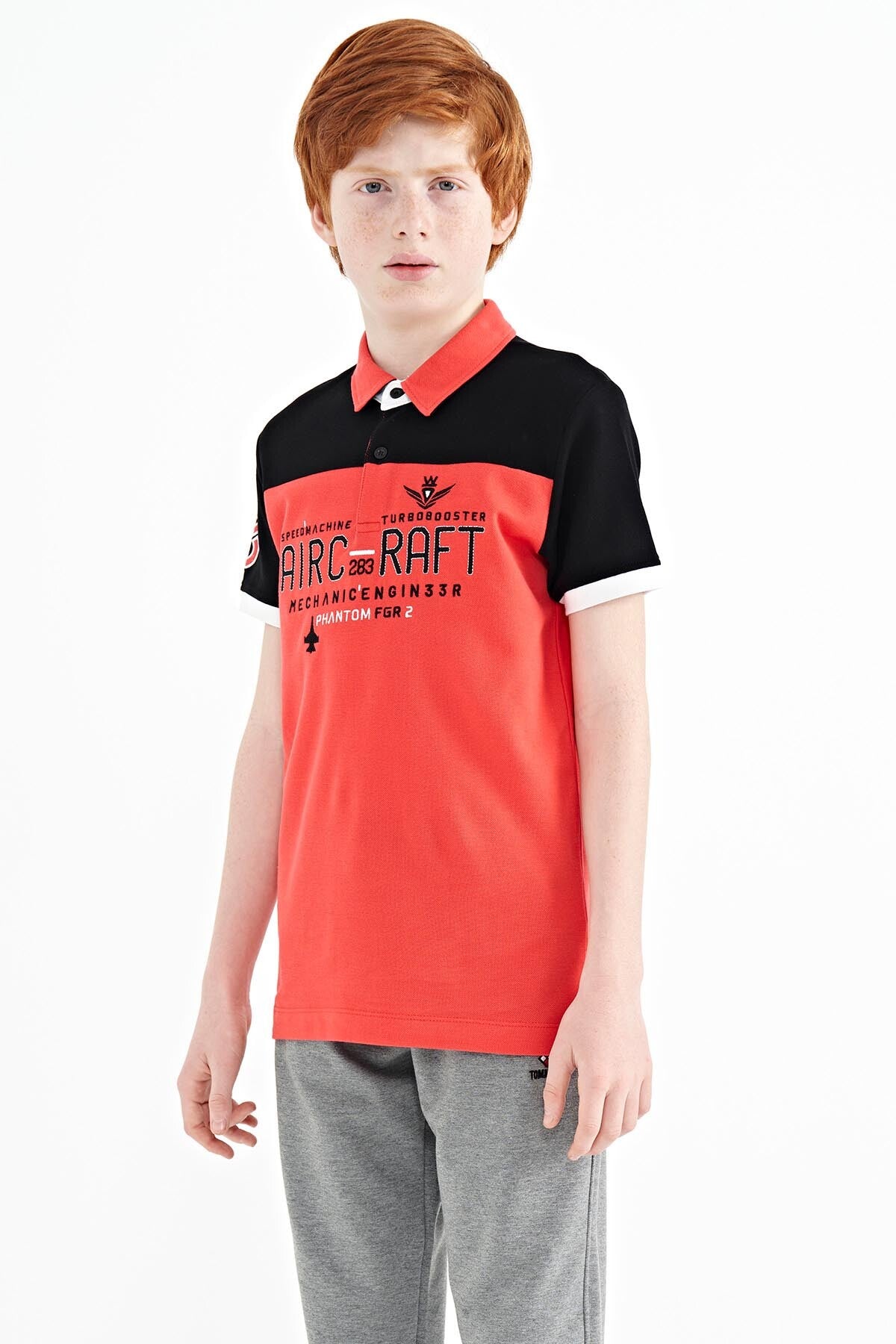 Coral Color Block Letter Embroidered Standard Fit Polo Collar Boys T-Shirt - 11087