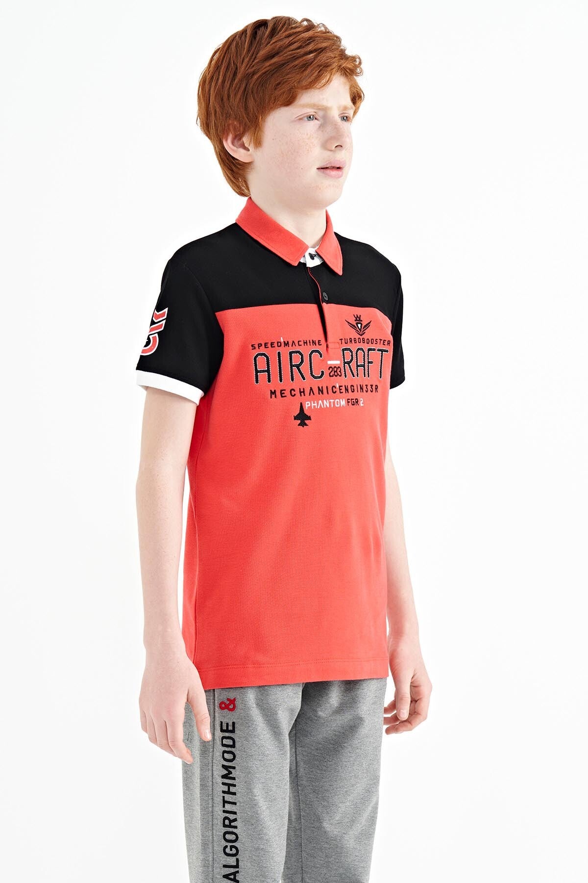 Coral Color Block Letter Embroidered Standard Fit Polo Collar Boys T-Shirt - 11087
