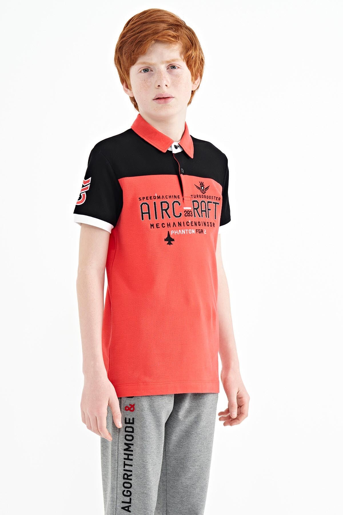 Coral Color Block Letter Embroidered Standard Fit Polo Collar Boys T-Shirt - 11087