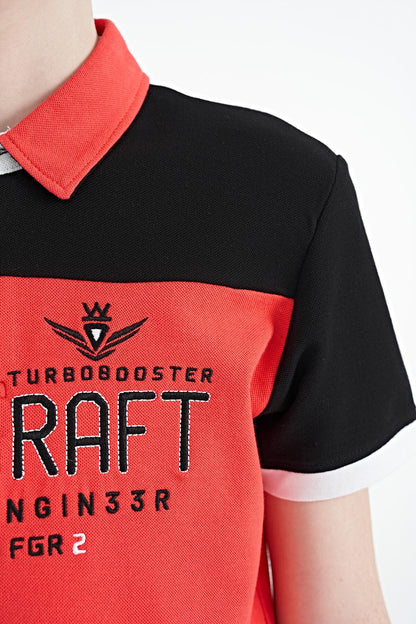 Coral Color Block Letter Embroidered Standard Fit Polo Collar Boys T-Shirt - 11087