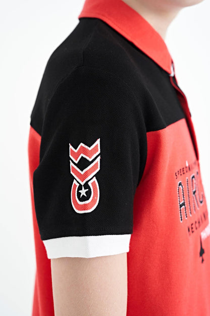 Coral Color Block Letter Embroidered Standard Fit Polo Collar Boys T-Shirt - 11087