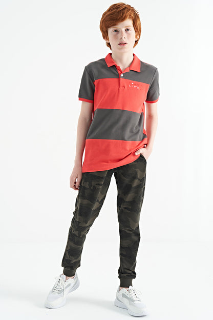 Block Print Coral Color Standard Pattern Embroidered Polo Collar Boys T-Shirt - 11095