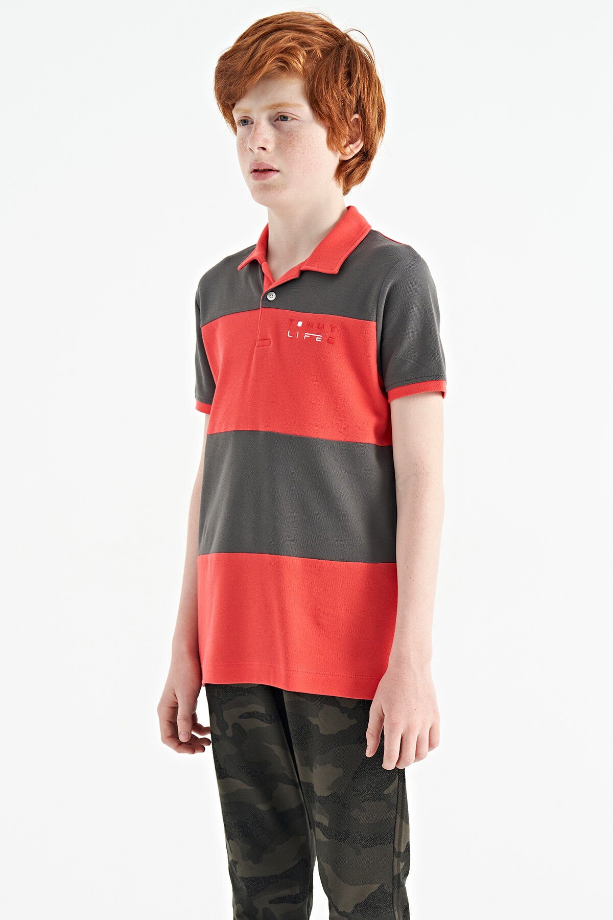 Block Print Coral Color Standard Pattern Embroidered Polo Collar Boys T-Shirt - 11095