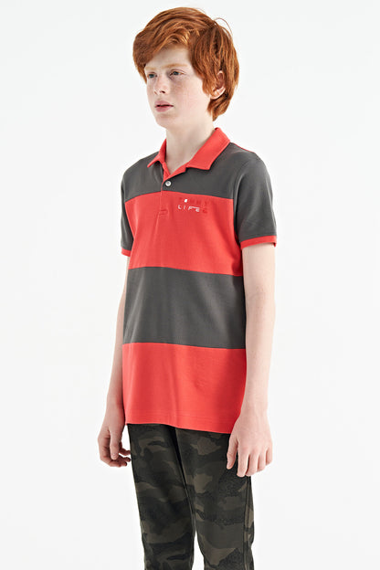 Block Print Coral Color Standard Pattern Embroidered Polo Collar Boys T-Shirt - 11095
