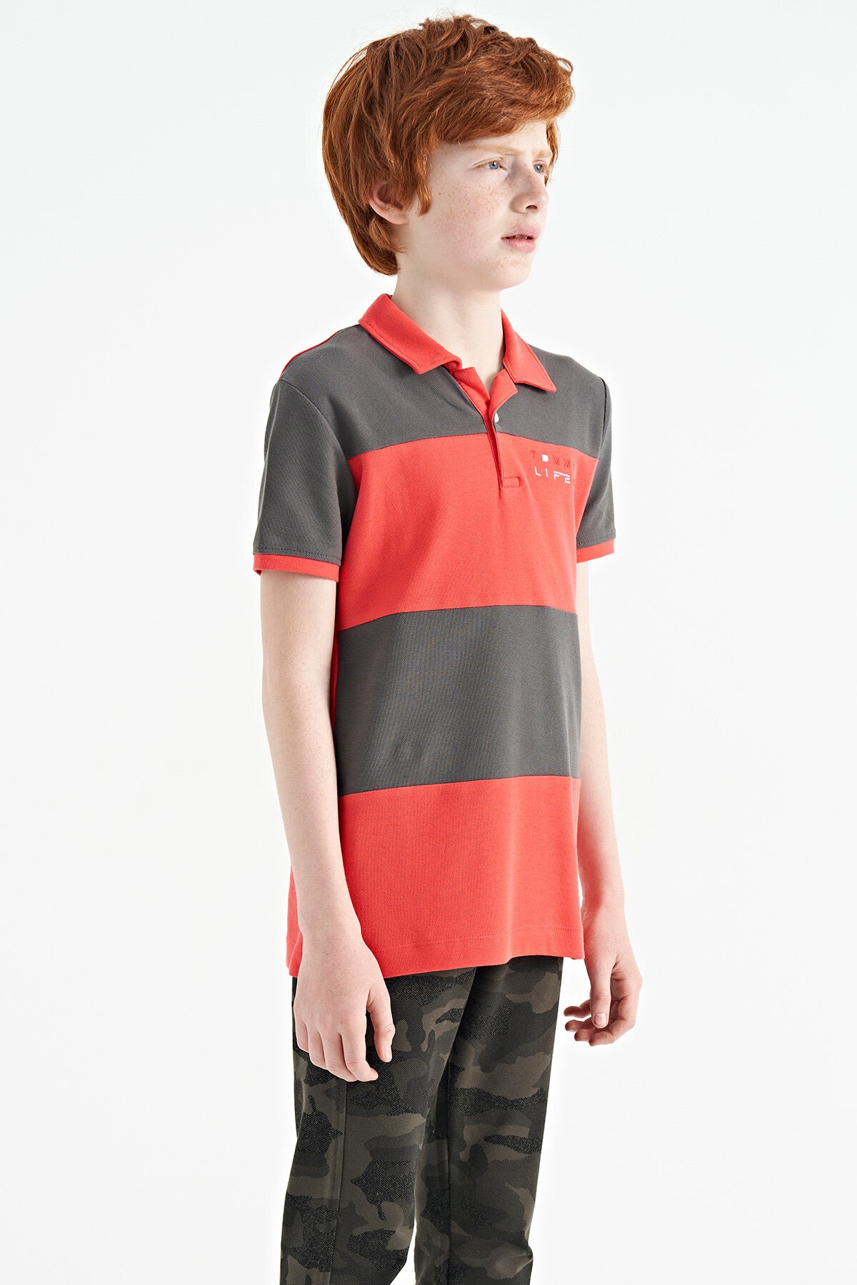 Block Print Coral Color Standard Pattern Embroidered Polo Collar Boys T-Shirt - 11095