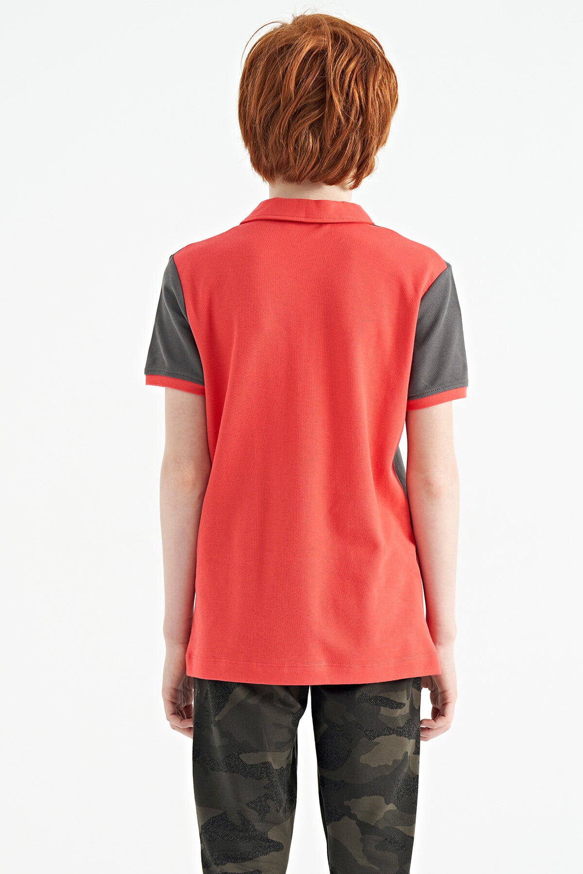 Block Print Coral Color Standard Pattern Embroidered Polo Collar Boys T-Shirt - 11095