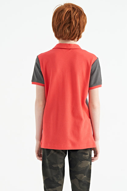 Block Print Coral Color Standard Pattern Embroidered Polo Collar Boys T-Shirt - 11095