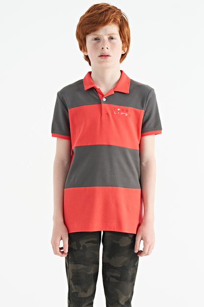 Block Print Coral Color Standard Pattern Embroidered Polo Collar Boys T-Shirt - 11095