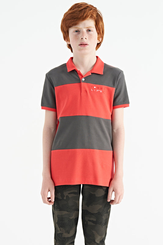 Block Print Coral Color Standard Pattern Embroidered Polo Collar Boys T-Shirt - 11095