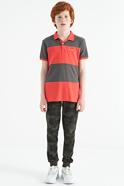 Block Print Coral Color Standard Pattern Embroidered Polo Collar Boys T-Shirt - 11095