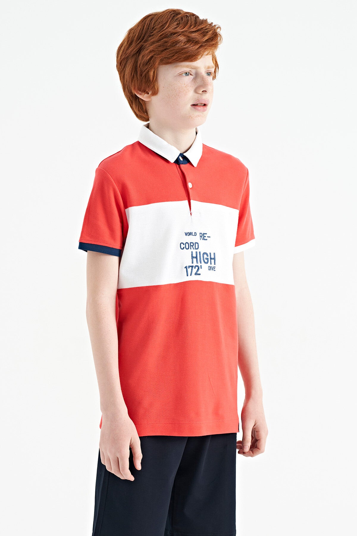 Color Transition Embroidered Detailed Standard Pattern Polo Collar Boys T-Shirt - 11110